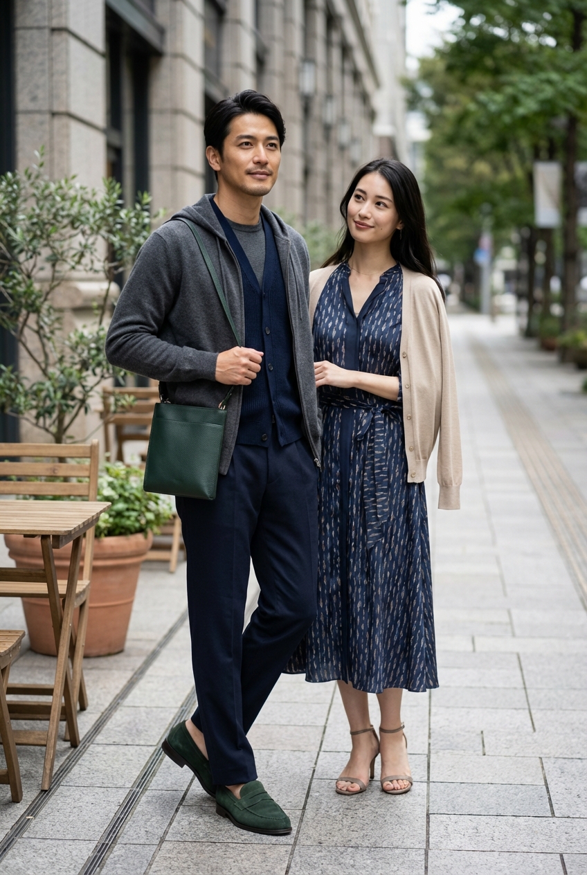 チャコールグレーのカシミヤ混パーカーで綴る、都会的な週末カフェワーク