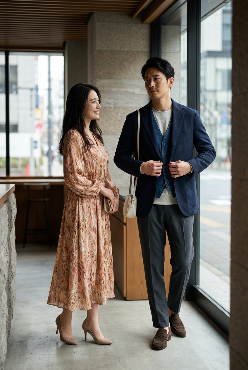 チャコールのイージースラックスとベージュのスウェットで綴る、都会的な春のカフェワーク