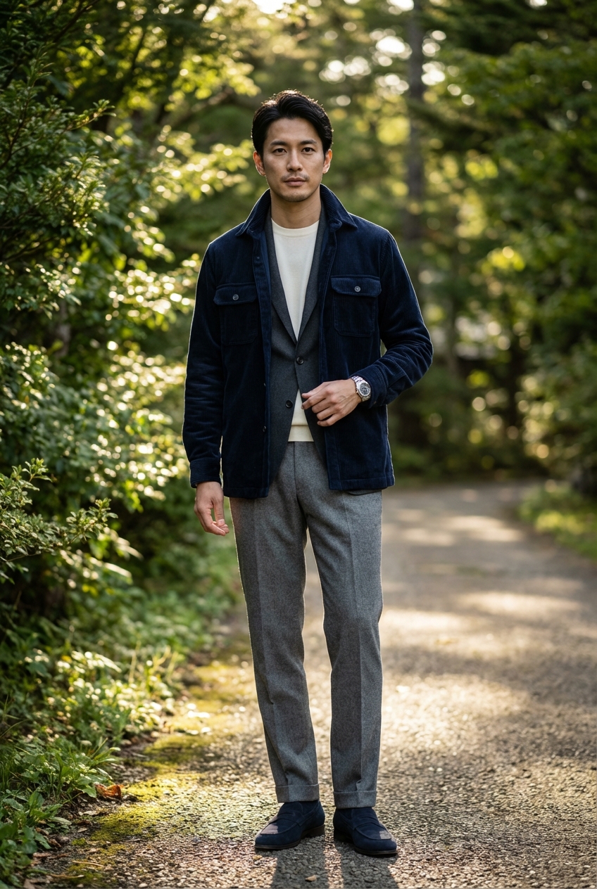 チャコールグレーで引き締める軽井沢のミディアムグレーフランネルスラックス