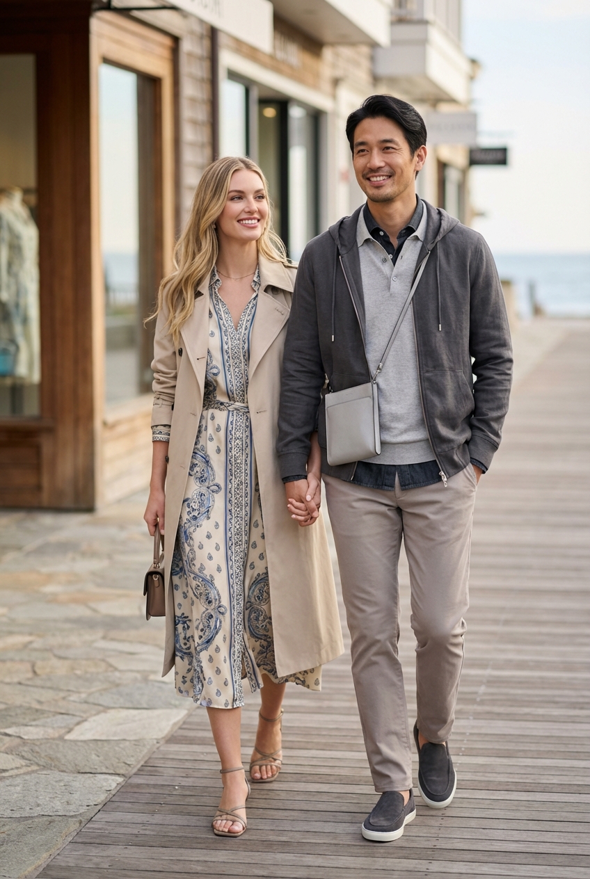 ライトトープのトラウザーズとチャコールグレーが彩る洗練のリゾートバカンス