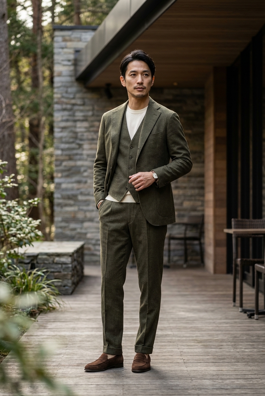 オリーブのフランネルセットアップとシルク混ニットで過ごす、静謐な週末の夕刻