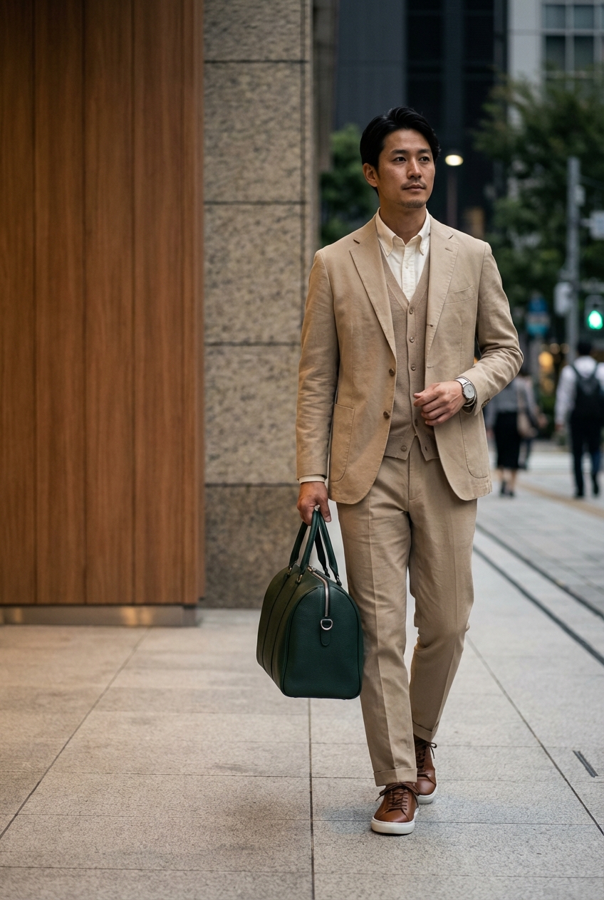 オフホワイトのシャツを主役に、ベージュで纏める夜の知的ビジネスカジュアル