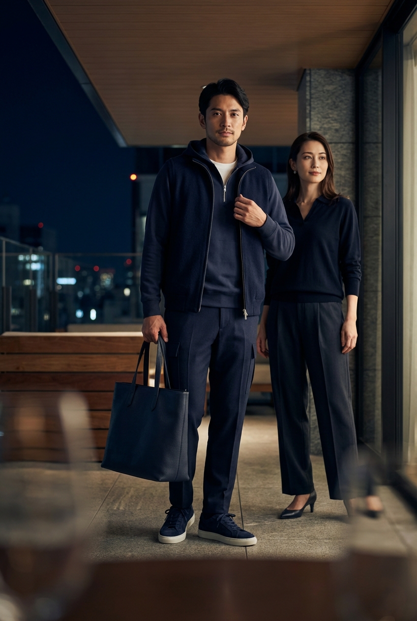 ネイビーのシーアイランドコットンで寛ぐ、夜景ラウンジの洗練カーゴスタイル