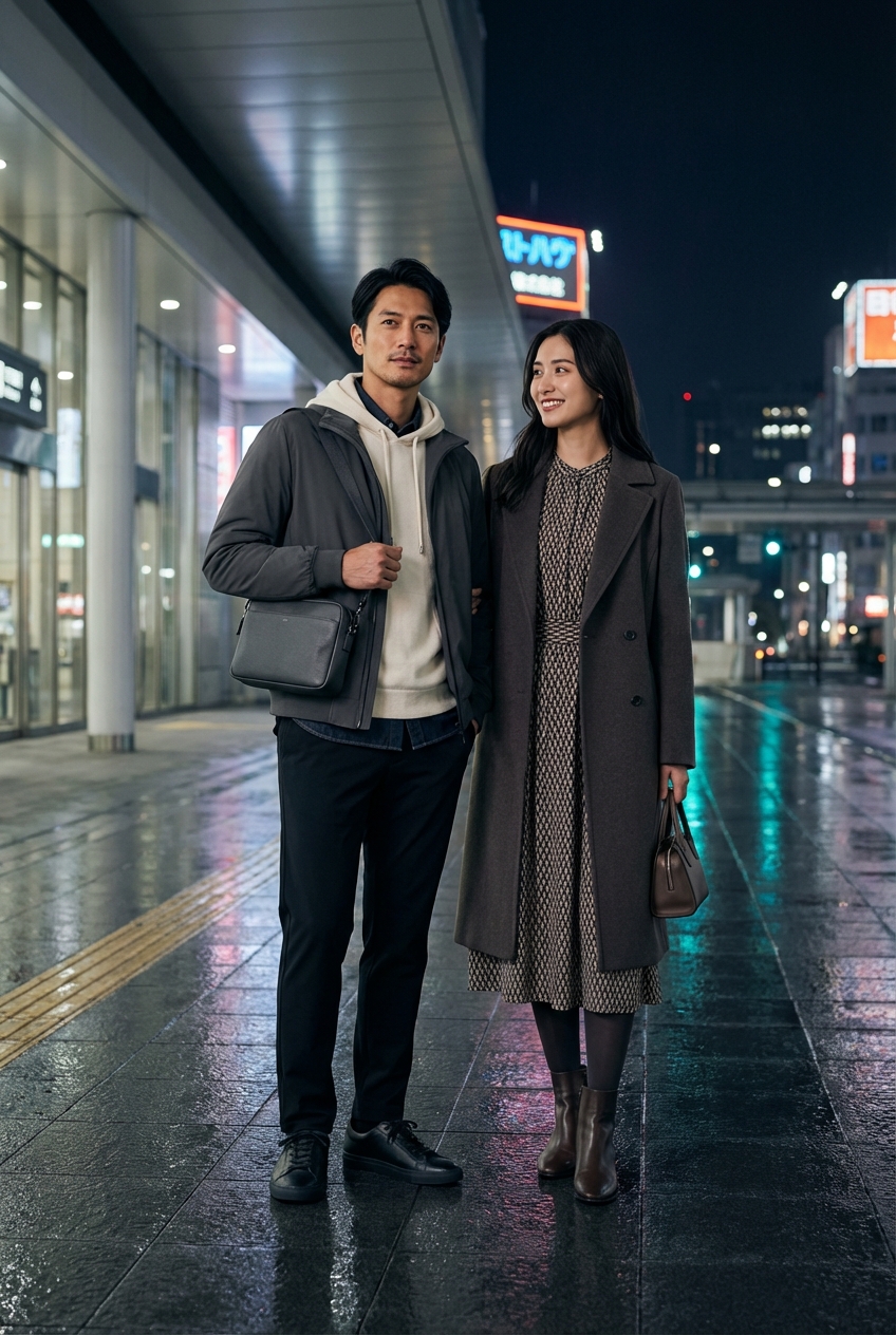 雨上がりの夜を彩るチャコールグレーと、ブラックのテックイージーパンツが描く洗練