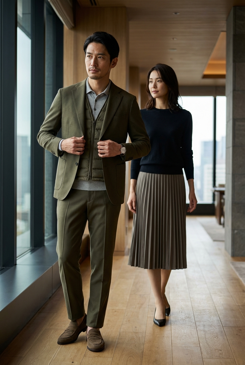 オリーブの中綿入りミニマルベストが導く、春の週末を楽しむカシミヤの装い