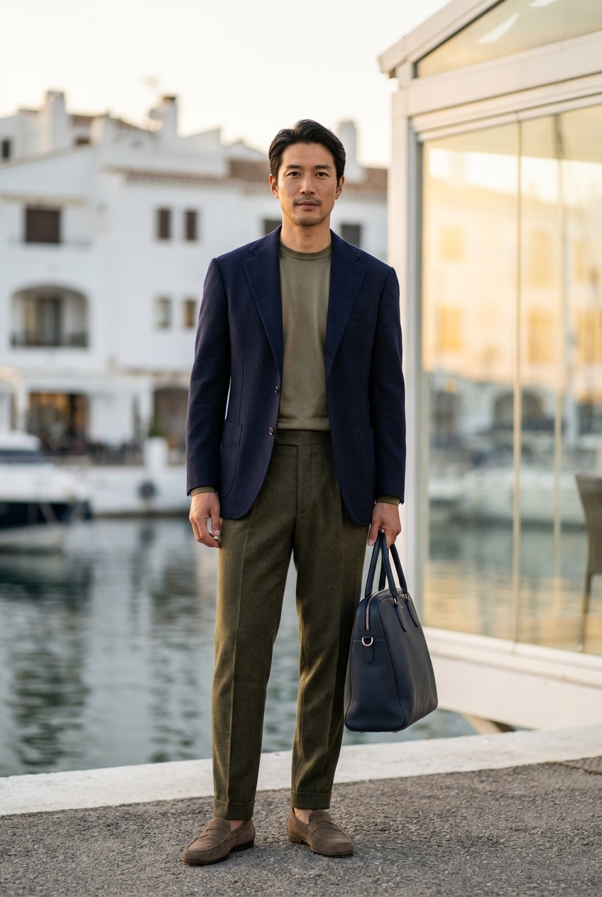 黄昏の地中海で静かに輝く、ネイビーとオリーブが織りなす大人の洗練装い