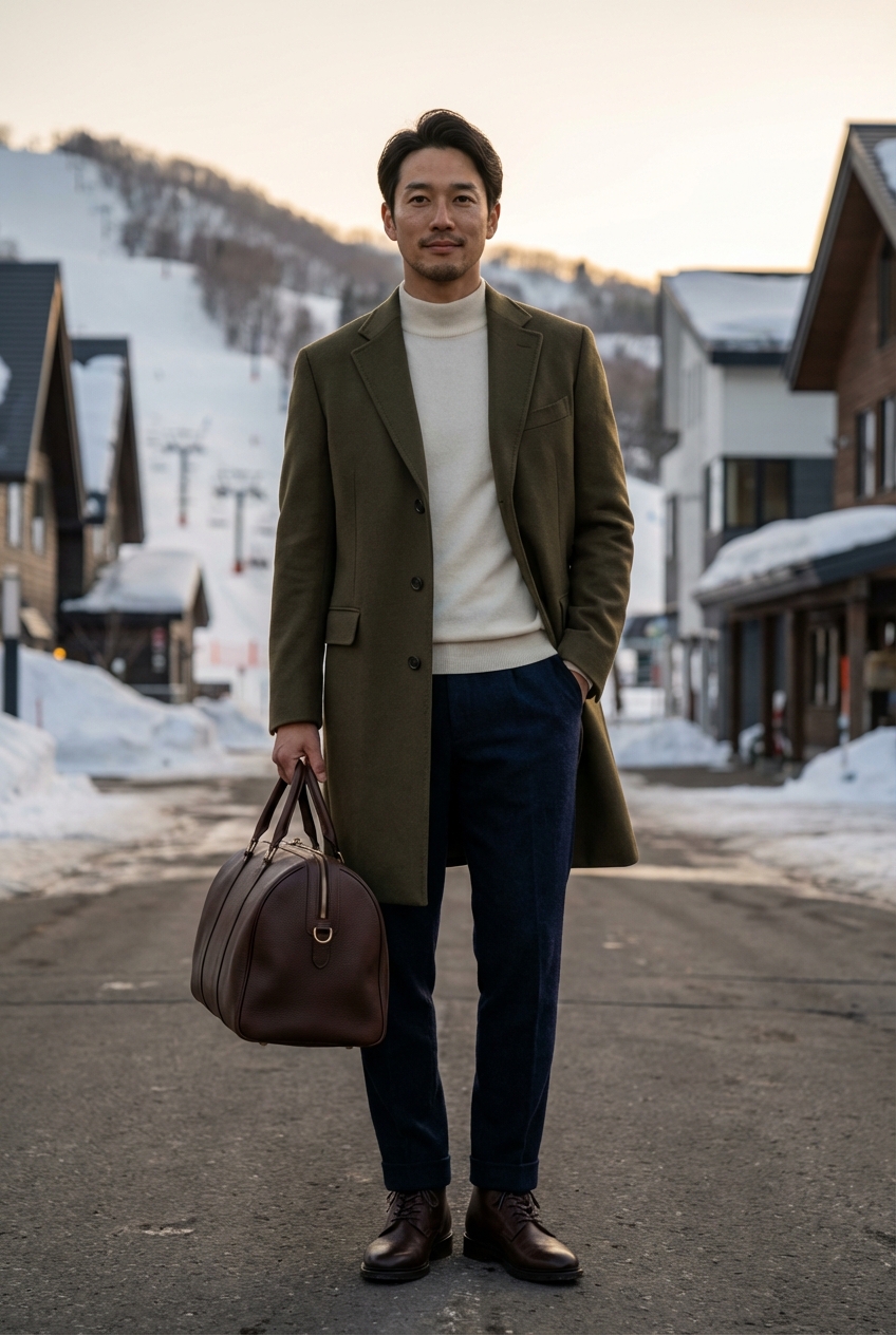 オリーブの高密度ウールチェスターコートを纏うウィンターリゾートの夕刻