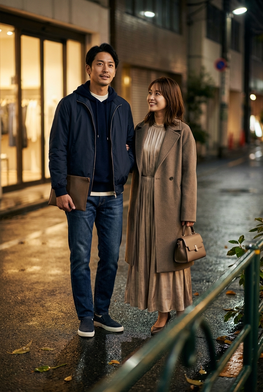 カシミヤ混のネイビーパーカーで綴る、雨上がりの艶やかなナイトウォーク