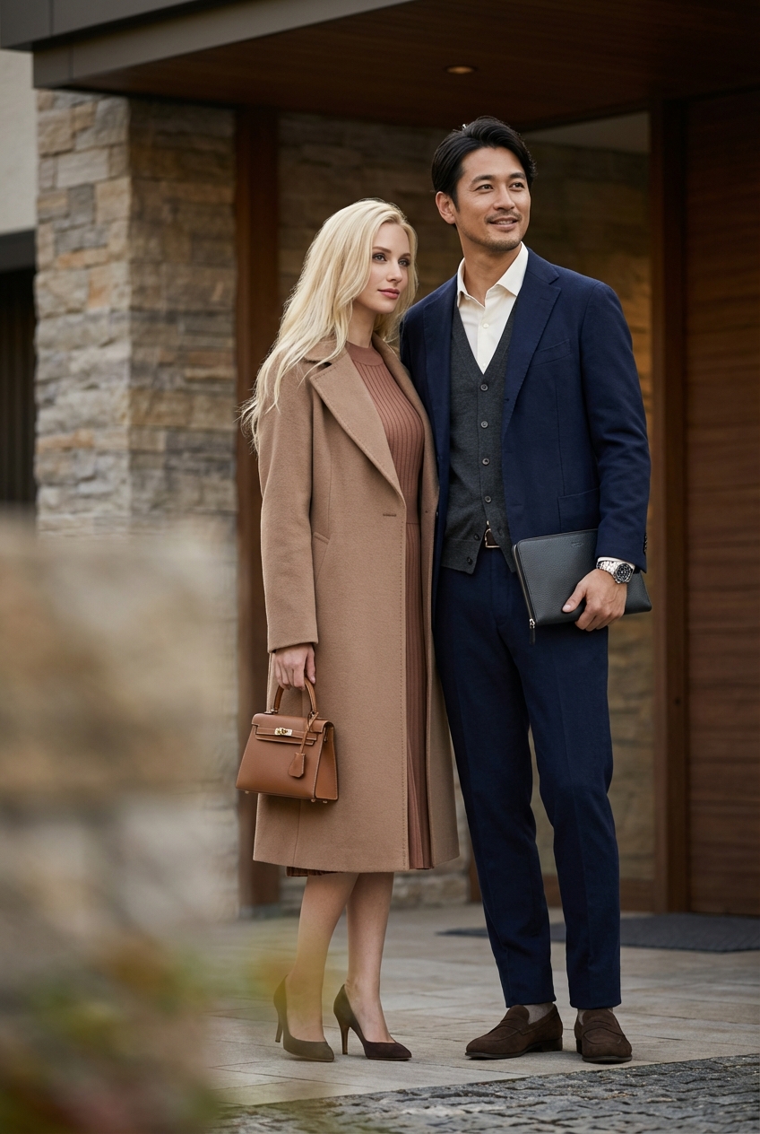 チャコールグレーのVネックベストを主役にする、秋の週末リラックススタイル