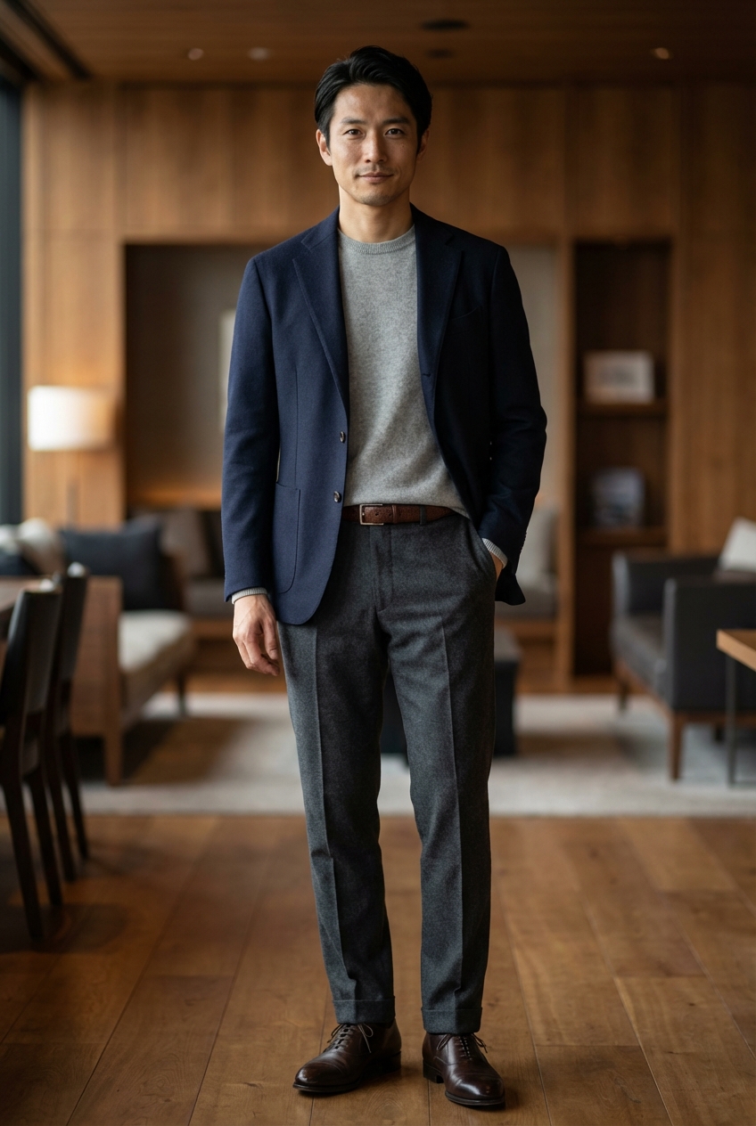 洗練の影を纏う。ネイビーの軽やかさとチャコールの深みが導く夜の正解