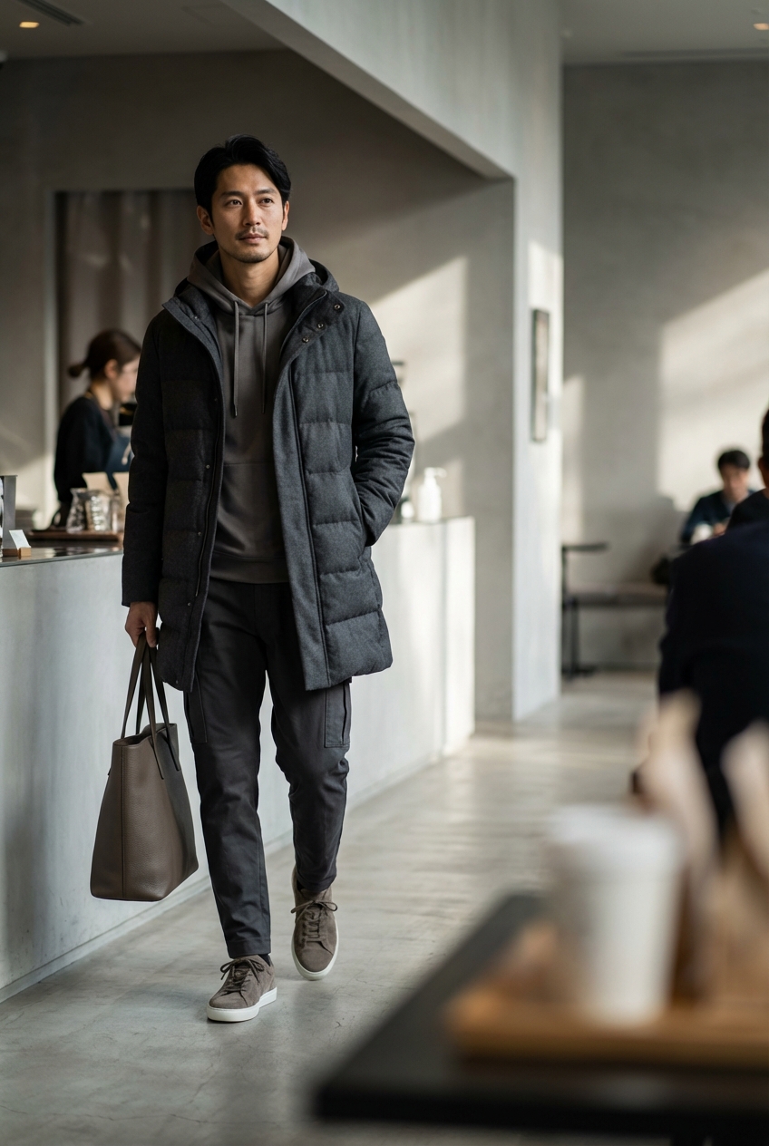 都会の夜を彩るチャコールグレーのテーパードカーゴで、冬のカフェワークを上質に