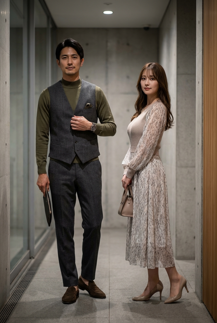 オリーブのシルク混ハイゲージモックネックで綴る、夜のギャラリーの静謐な休日