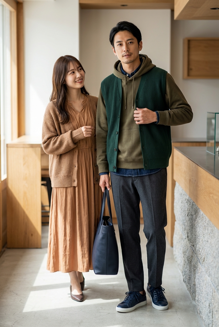 オリーブのパーカーとチャコールのスラックスで寛ぐ週末カフェワーク