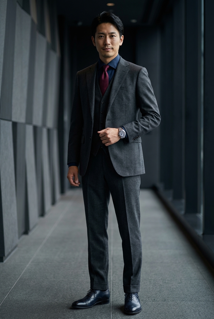 チャコールグレーのフランネル3ピースとネイビーで導く勝負のプレゼン最適解