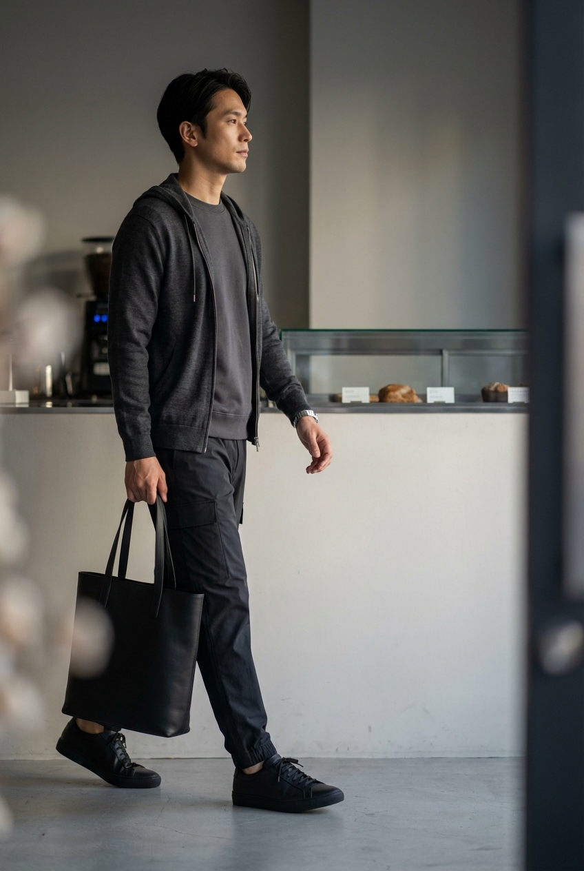 チャコールグレーのミニマルカーゴで装う、夕暮れ時の洗練されたカフェワーク