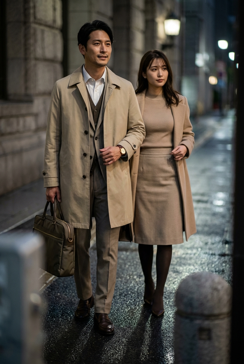 高密度コットンのステンカラーとベージュが導く、雨の夜を美しく凌ぐ通勤スタイル