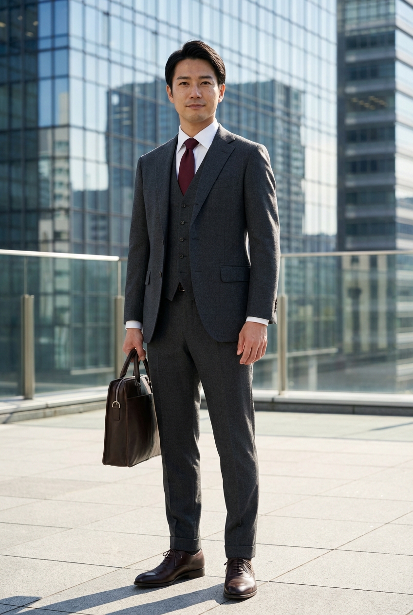 都会の光に映える精緻な佇まい、勝負を制するチャコールグレーの三つ揃え